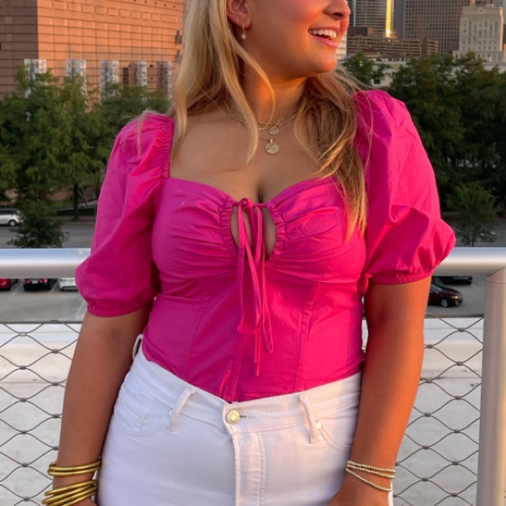 WAYF Pink Bustier Puff Sleeve Top